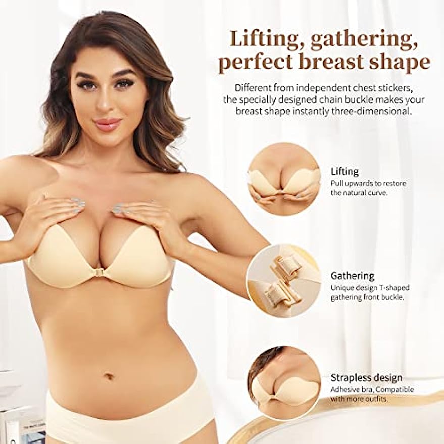 Adhesive Bra Push Up 2 Pairs, Invisible Lift Up Bras with Strapless Backless Bra