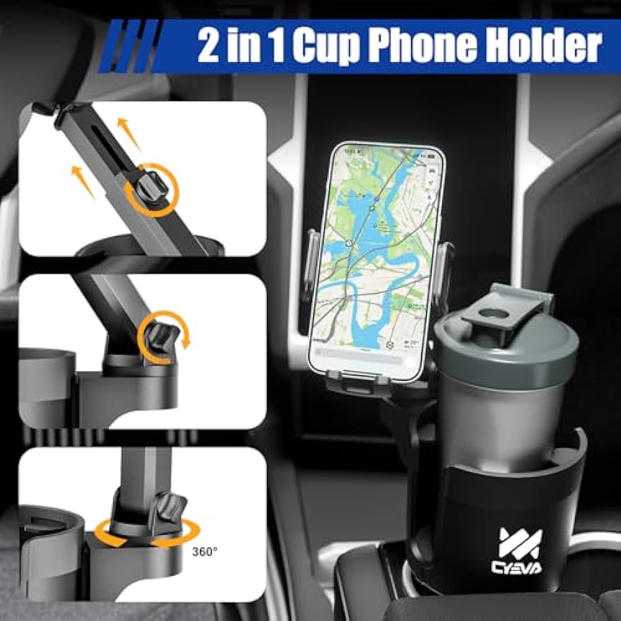 CYEVA 2-in-1 Car Cup Holder Phone Mount with 360° Rotatable Long Arm, Suitable for All Smartphones