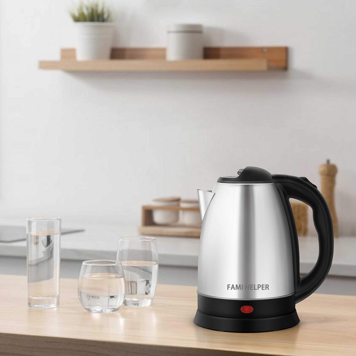 FAMI HELPER 1.7L Stainless Steel Electric Kettle, Hot Water Boiler, Automatic Shut Off & Boil-Dry Protection, 1000W Fast Boil