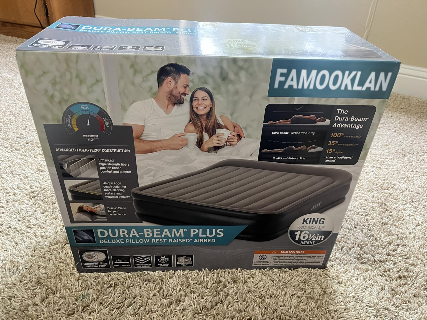 FAMOOKLAN Dura-Beam Plus Deluxe Pillow Rest Air Mattress: Fiber-Tech – Queen Size – Built-in Electric Pump – 16.5in Bed Height – 600lb Weight Capacity