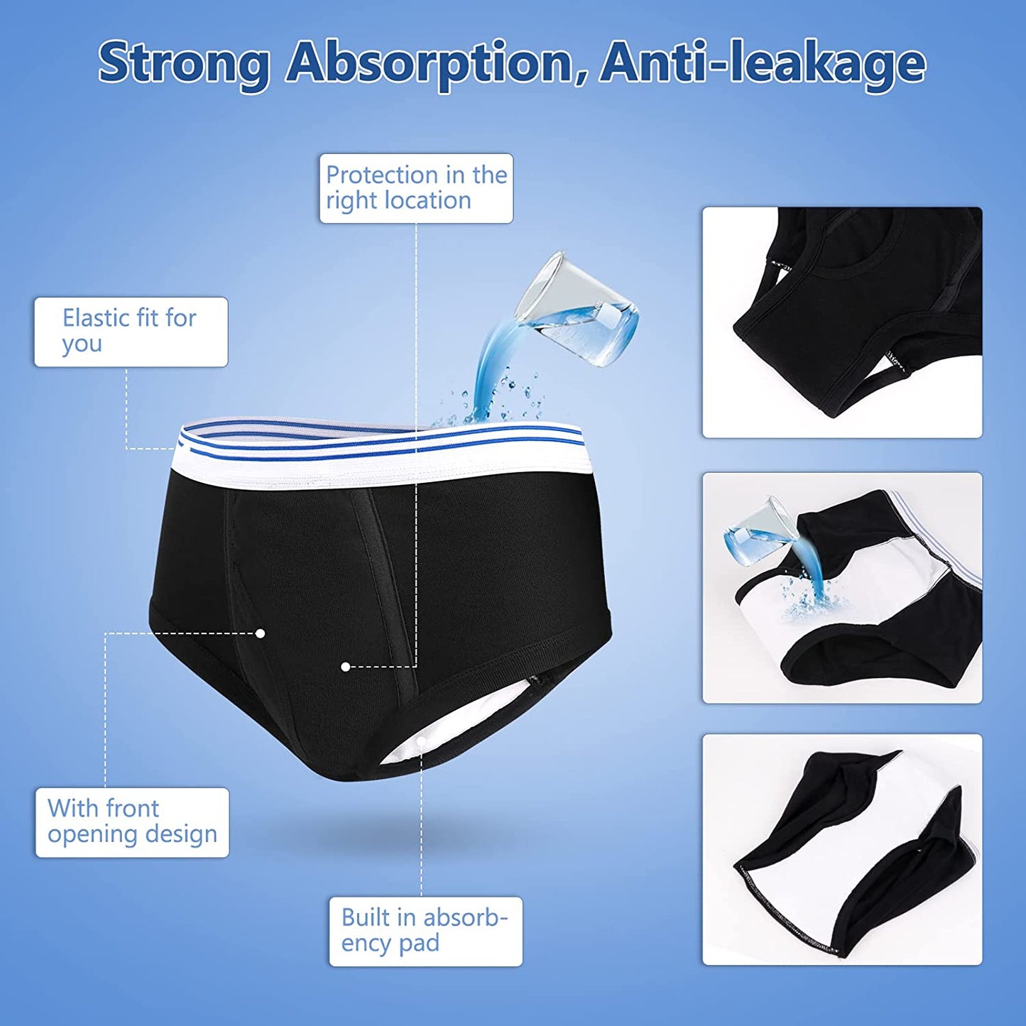 Men's Incontinence Underwear Urinary Briefs with Cotton Pad Washable Reusable Leakproof Boxer 3pcs